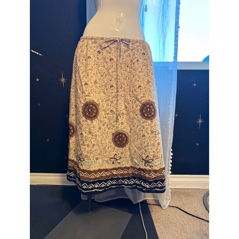 Sag Harbor Women Large Cotton Midi Skirt Boho Floral Mirror Medallion Tan Brown